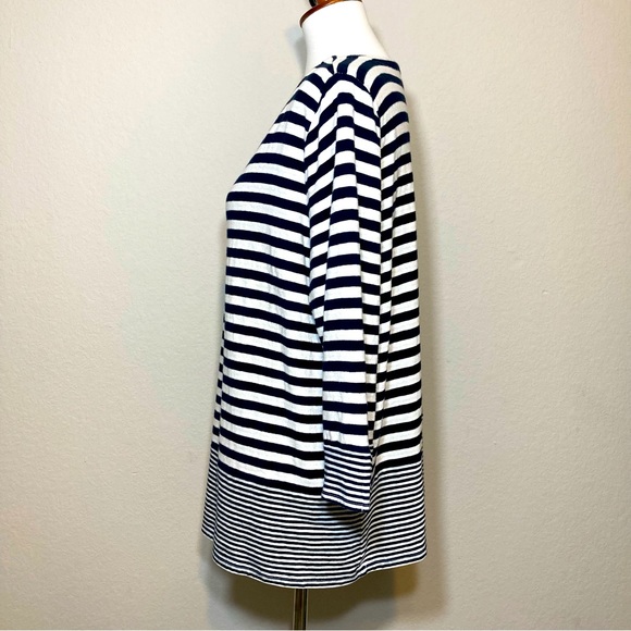 J JILL Black White 3/4 Sleeve Striped Knit Contrasting Trim Tunic Top Size Large - Picture 4 of 8
